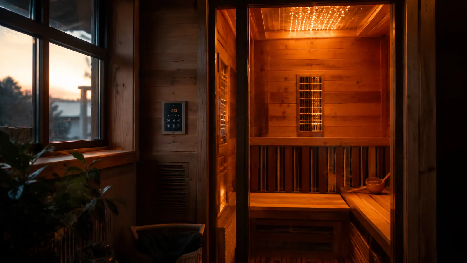 Wood-paneled infrared cabin sauna glowing warmly in a garage corner in the evening