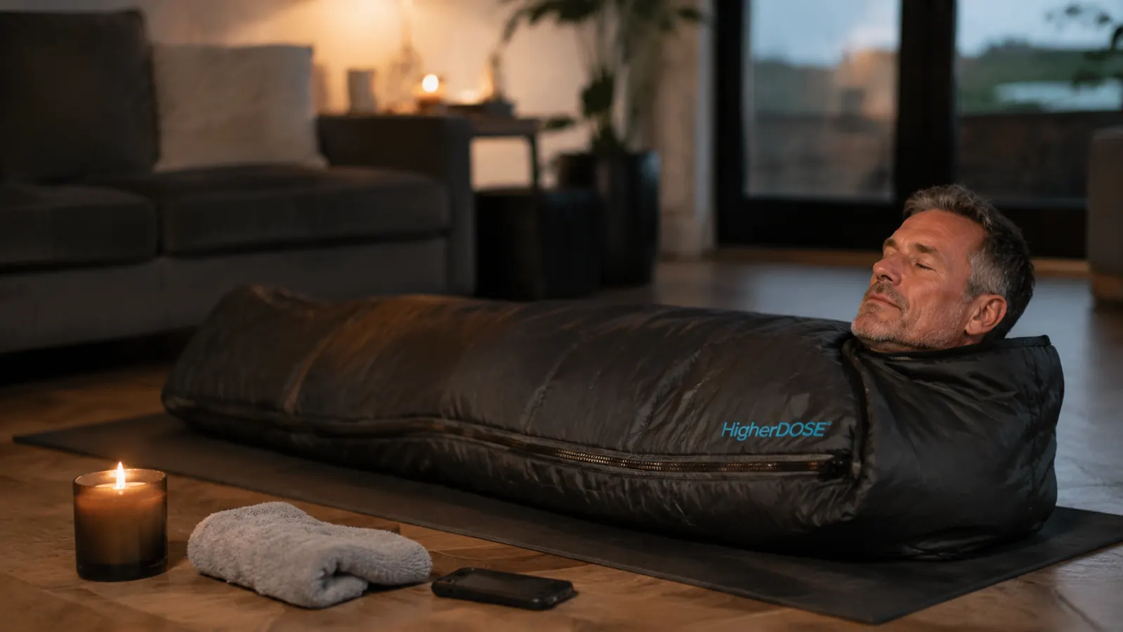 Person relaxing at home zipped into an infrared sauna blanket on the living room floor with a candle nearby