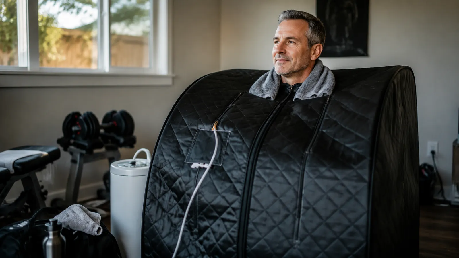 Person sitting relaxed with head out of a portable steam sauna, eyes closed, towel around neck, after a workout