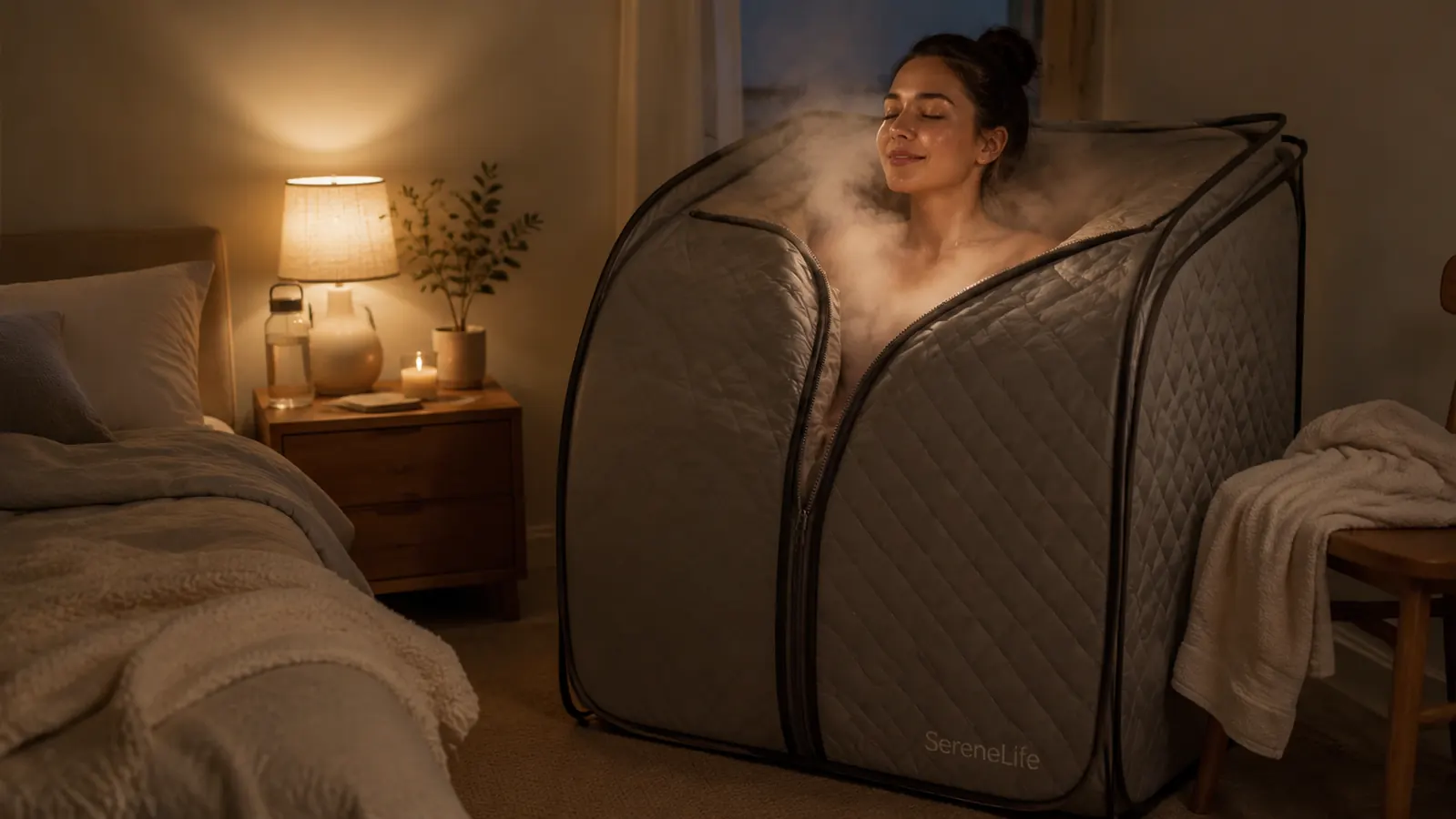 Portable steam sauna tent set up in a bedroom corner with the chair inside and steam gently rising
