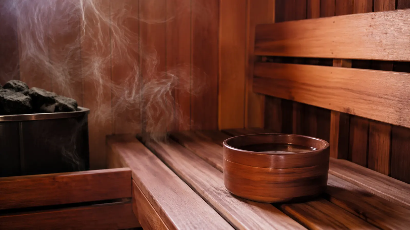 Small red cedar bowl of water and essential oil sitting on the bench of a warm, steamy home sauna