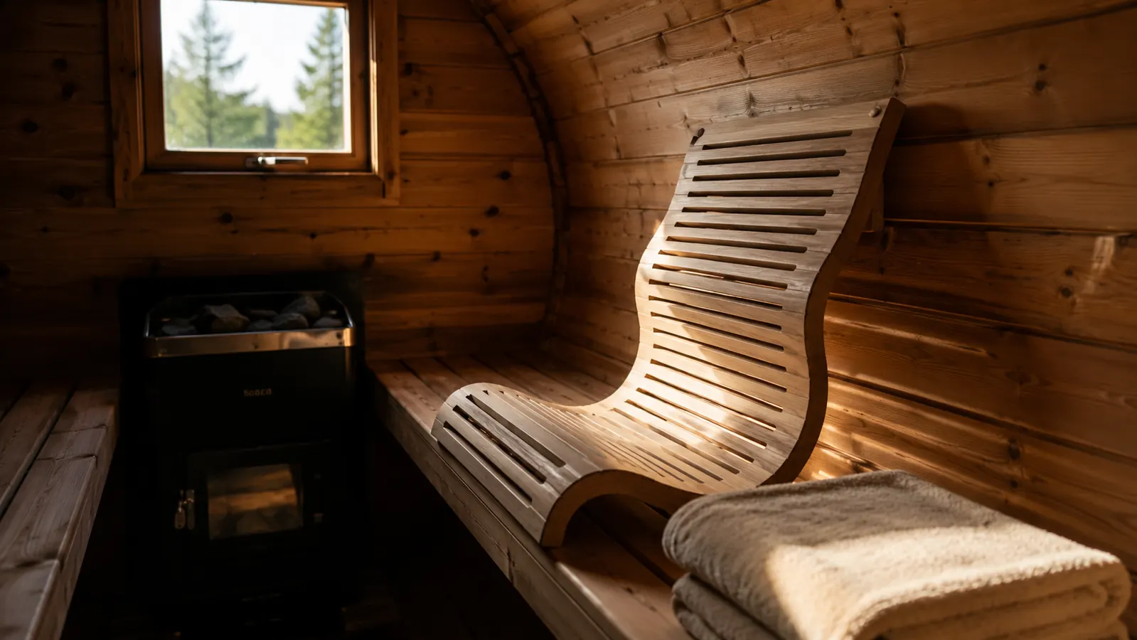 Wooden S-shape sauna backrest leaning against the curved bench of a cedar barrel sauna with warm light coming through the door