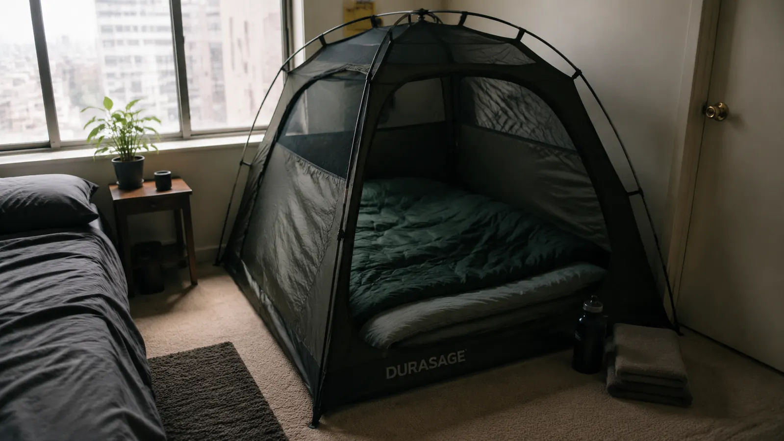 Durasage portable steam sauna tent set up in the corner of a small apartment spare room, chair inside, cord running to a nearby outlet