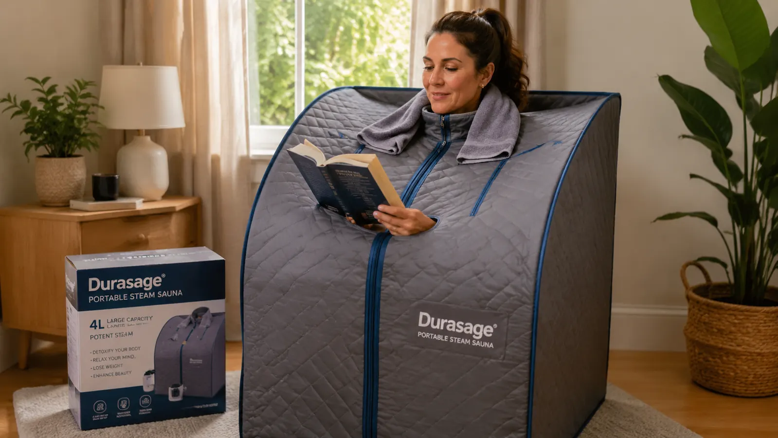 Person sitting inside the zipped Durasage tent with only their head visible above the neck opening, eyes closed, towel around shoulders
