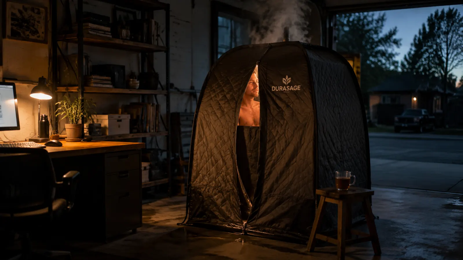 Durasage portable steam sauna tent set up in a home office corner with the folding chair inside and steam rising from the neck opening
