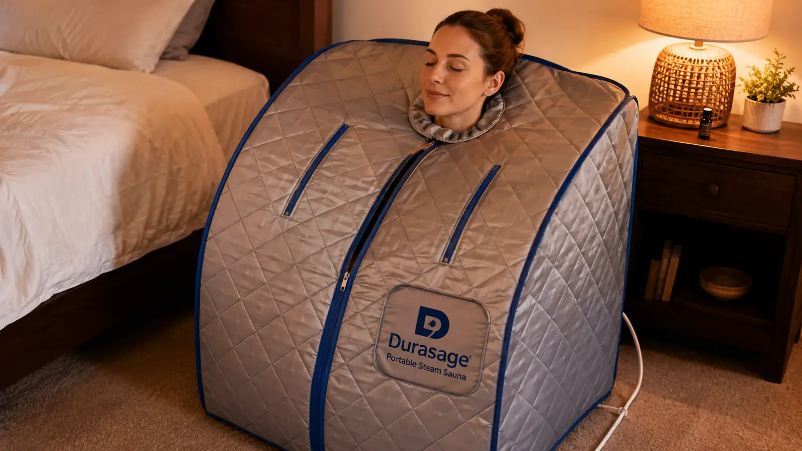 The Durasage portable steam sauna set up in a corner of a bedroom next to a folding chair