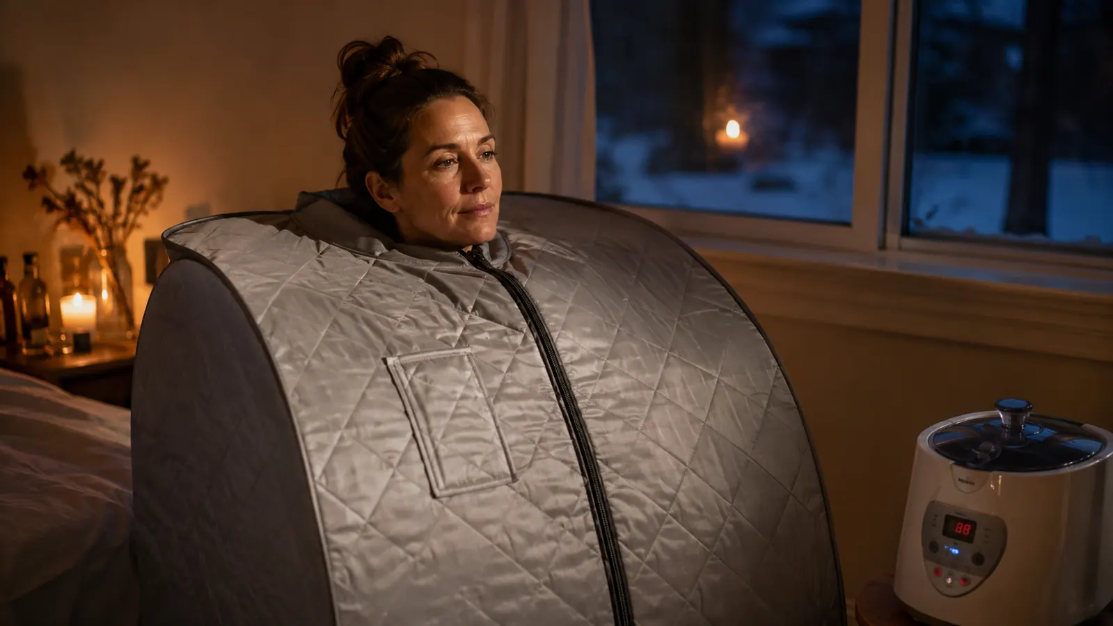 A woman sitting wrapped in a towel with steam rising, low lamp light in a quiet bedroom in winter
