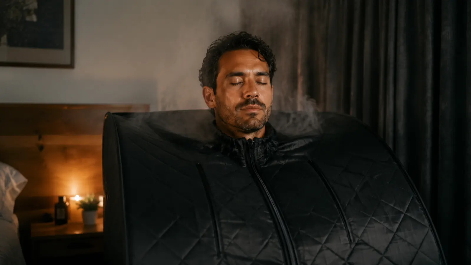 Person relaxing inside a portable steam sauna tent with just their head visible above the zipper, eyes closed