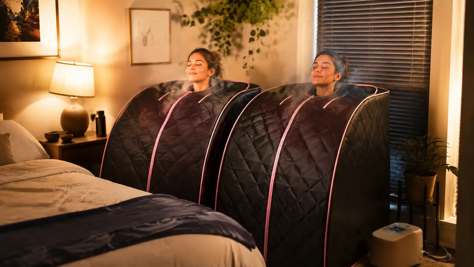 Two portable steam sauna tents set up side by side in a bedroom, one folded chair visible in each