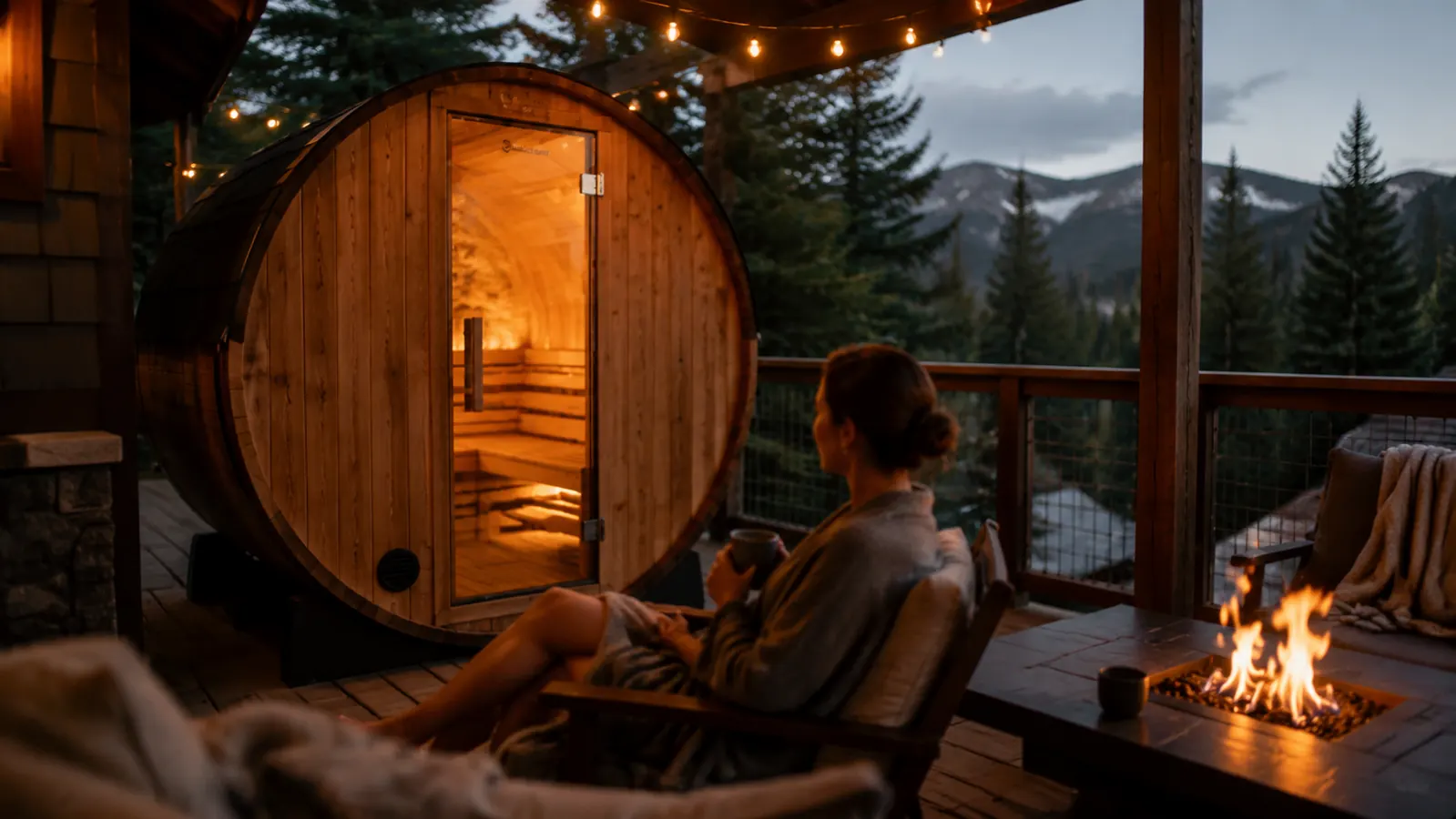Heat Wave Radiant Saunas Harmony Deluxe cabin sauna installed on a covered wooden back deck at dusk with warm interior glow