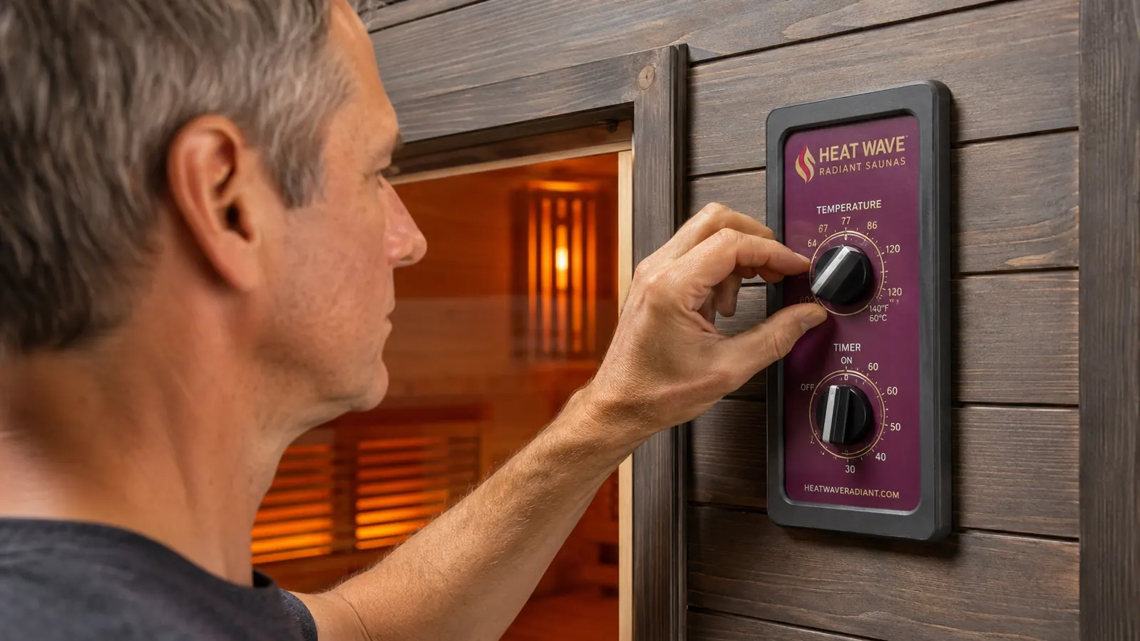 Hand adjusting the exterior control panel on the Heat Wave Harmony Deluxe cabin sauna before a session
