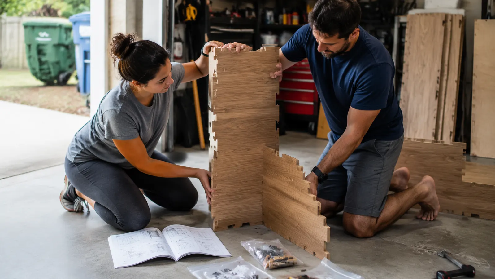 Two people assembling the wood panels of the Heat Wave cabin sauna in a garage using the included instructions