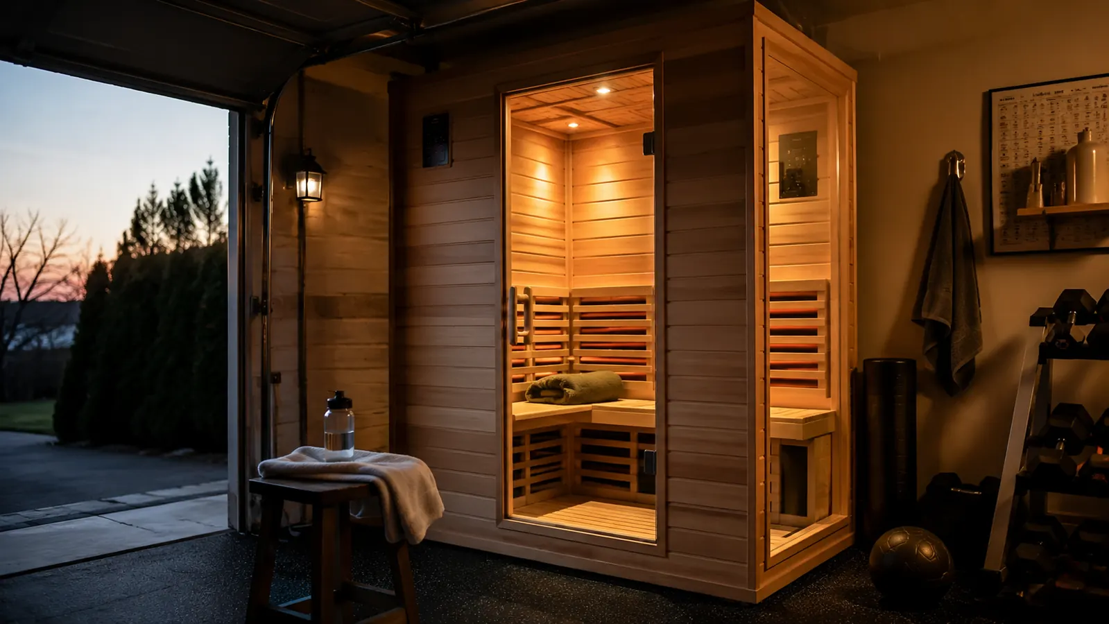 Heat Wave Radiant Saunas Harmony Deluxe cabin sauna set up in a garage bay with the tempered glass door slightly open and warm interior light glowing