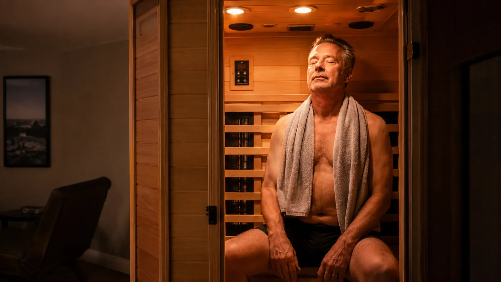 Person sitting inside an infrared cabin sauna with the door open, towel around their shoulders, eyes closed