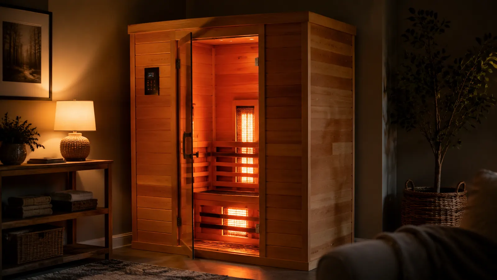 Wood-paneled infrared cabin sauna set up in a finished basement corner next to a folded towel and water bottle