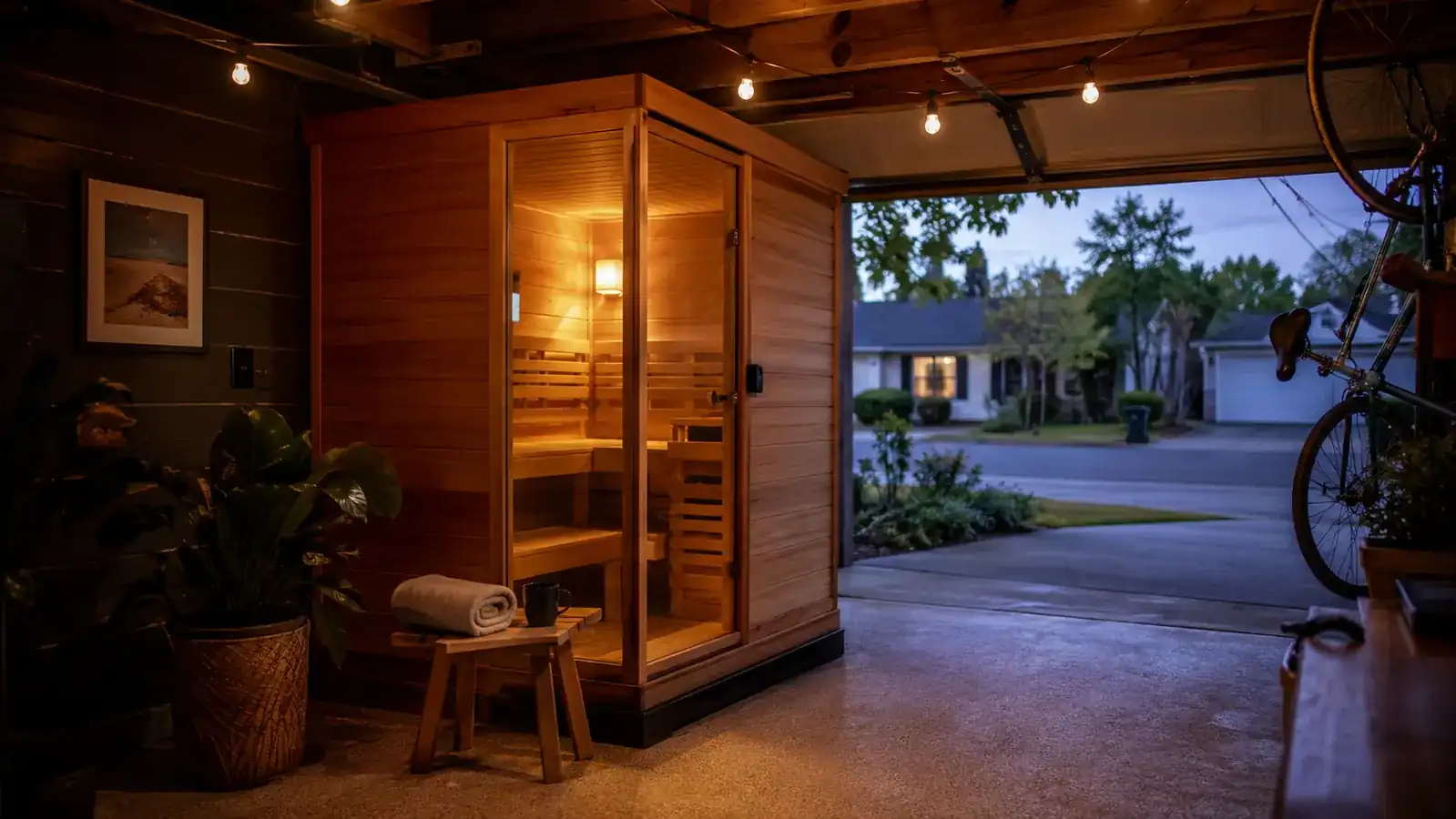 Heat Wave Radiant Saunas Harmony Deluxe cabin sauna tucked into a corner of a home garage next to a folded towel and a small side table