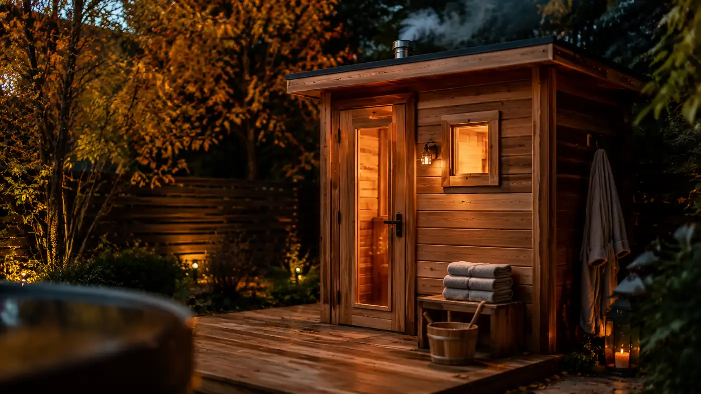 A warm cedar-lined home sauna glowing softly, towels folded on the bench and steam rising, calm and inviting