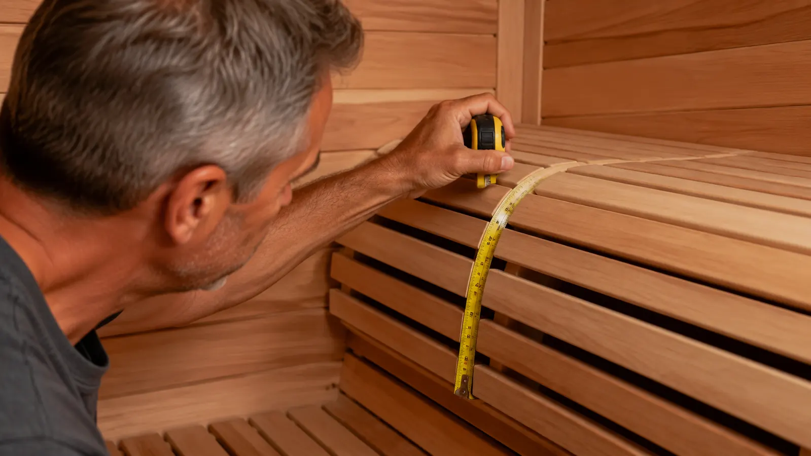 Hand measuring the depth of a sauna bench with a tape measure before fitting the Wiiyita backrest