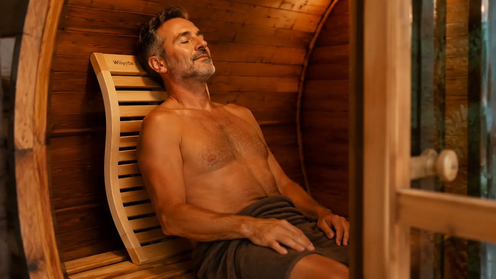 Person leaning back against a wooden sauna backrest during a low-heat break-in session with the door slightly open
