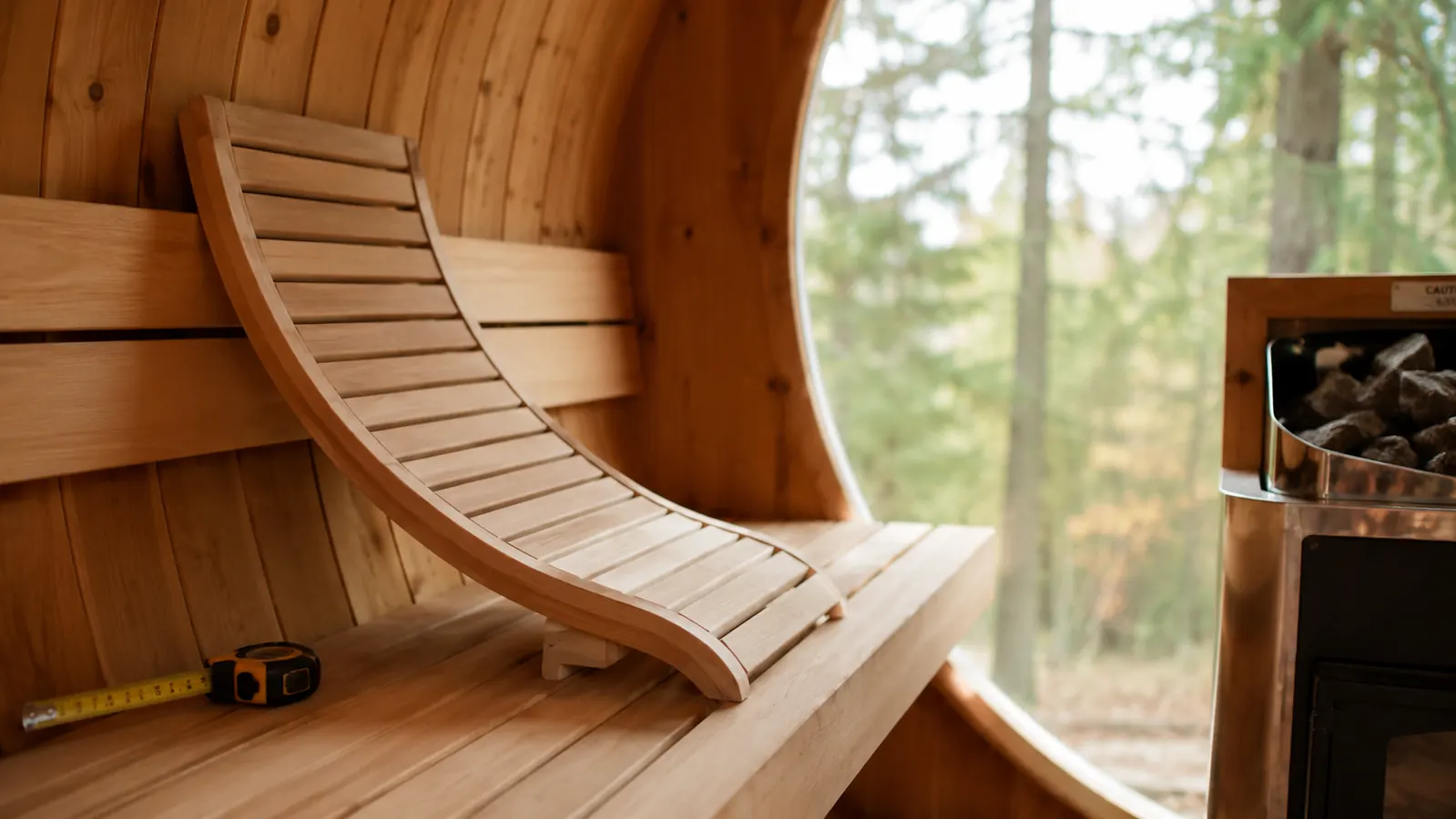 Wooden S-shape sauna backrest resting on the curved bench of a cedar barrel sauna before installation