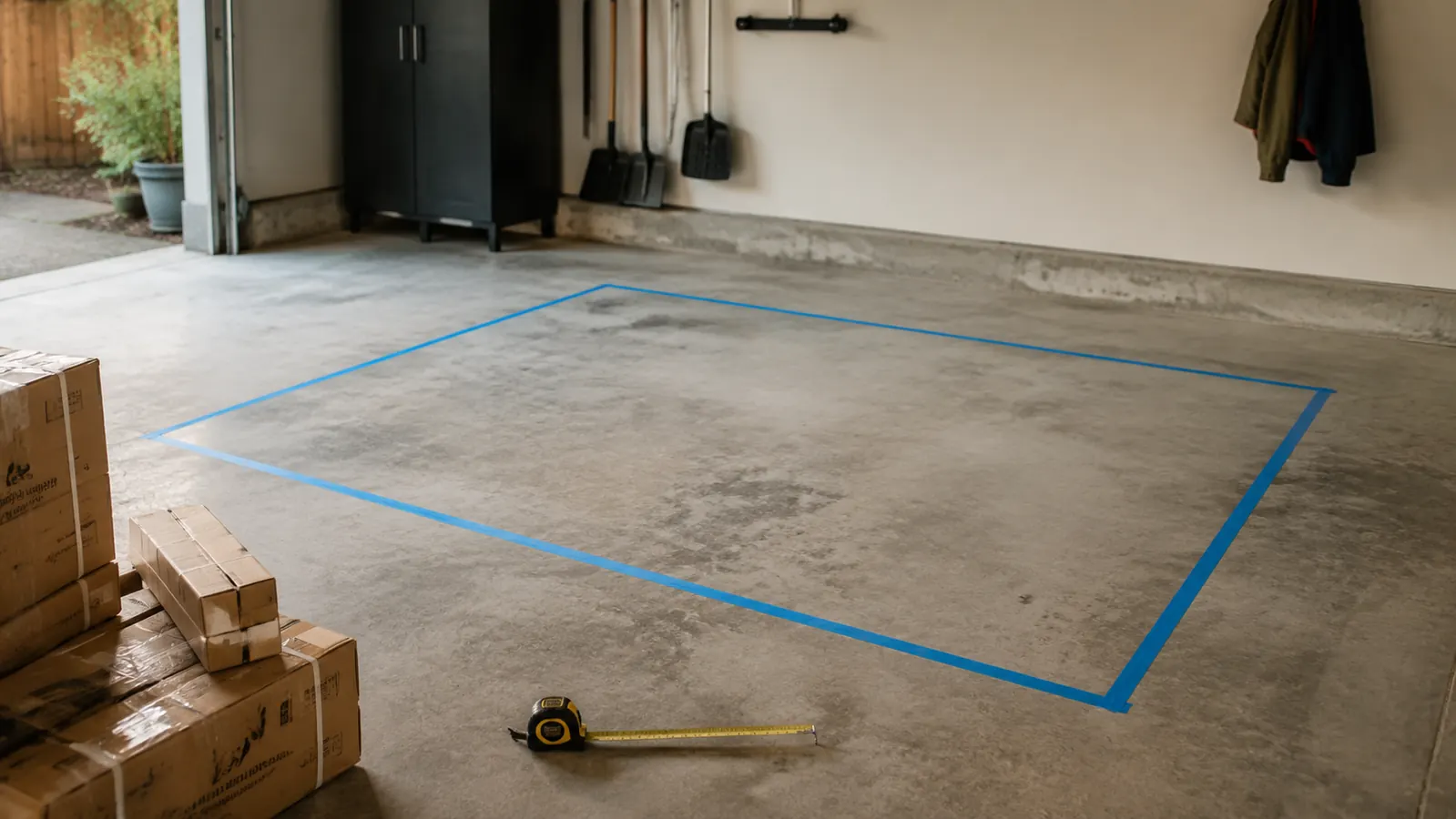 Empty garage corner marked off with painter's tape to plan clearance for an infrared cabin sauna before delivery
