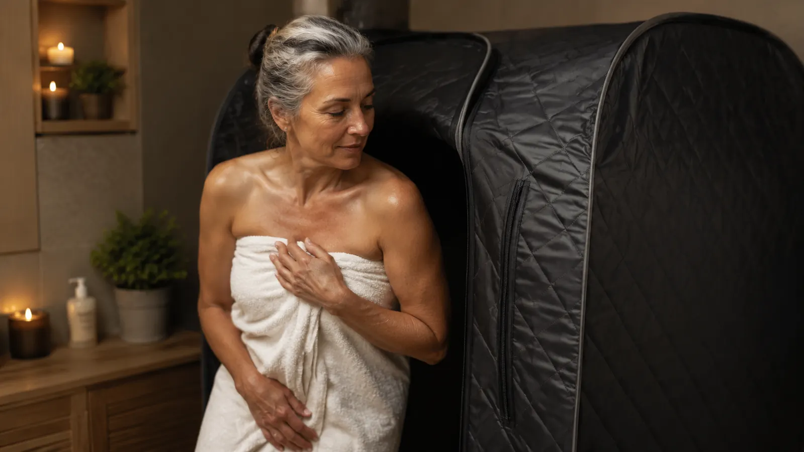 A person stepping out of a portable steam sauna wrapped in a towel, relaxed after an evening session