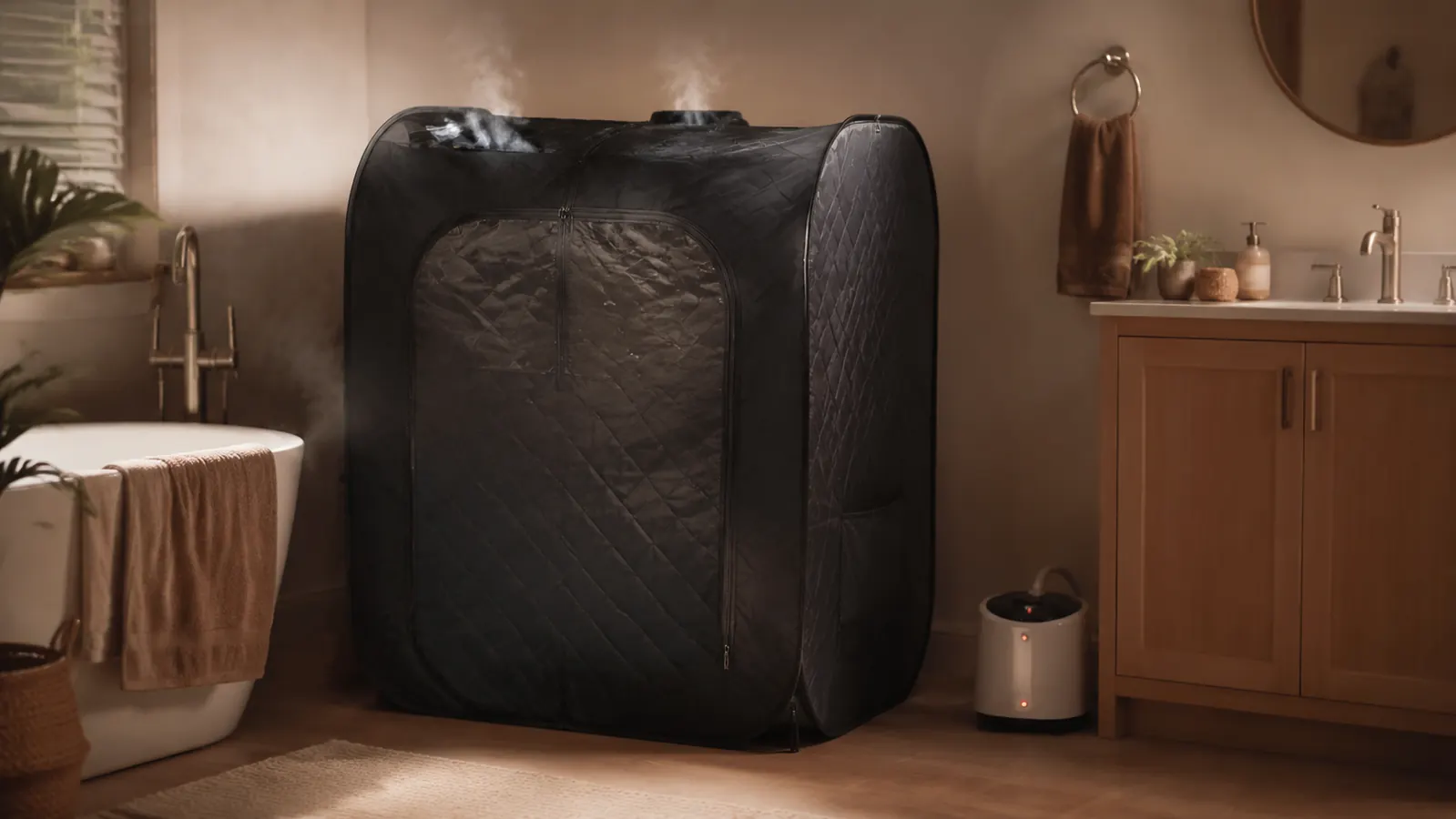A portable steam sauna tent set up in the corner of a home bathroom with soft evening light
