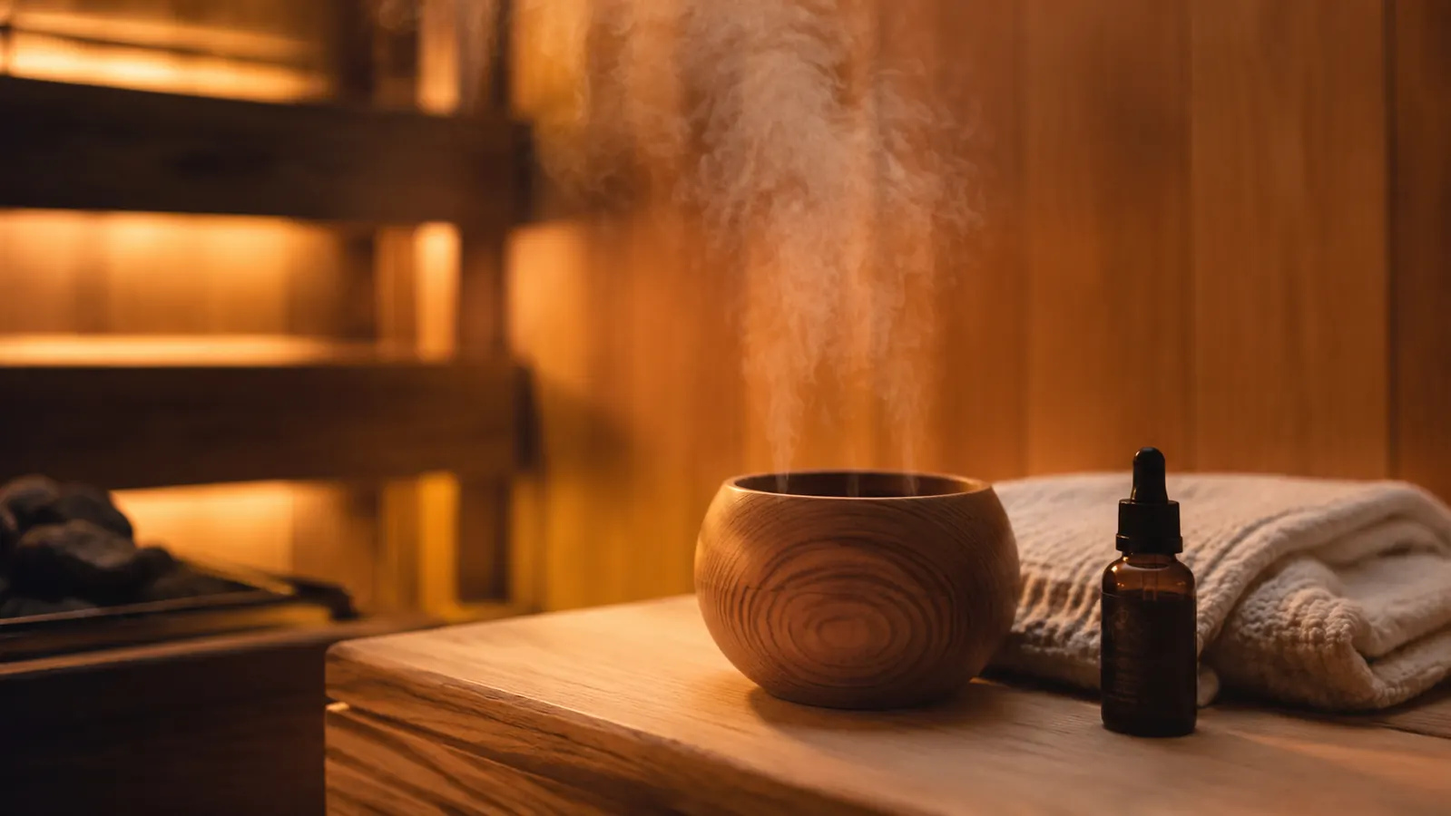 A small cedar bowl with a few drops of essential oil sitting on the bench of a warmly lit home sauna