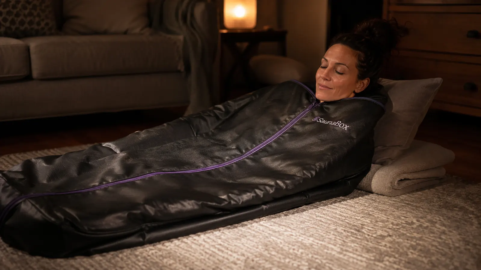Person relaxing on a couch wrapped in an infrared sauna blanket in a softly lit living room