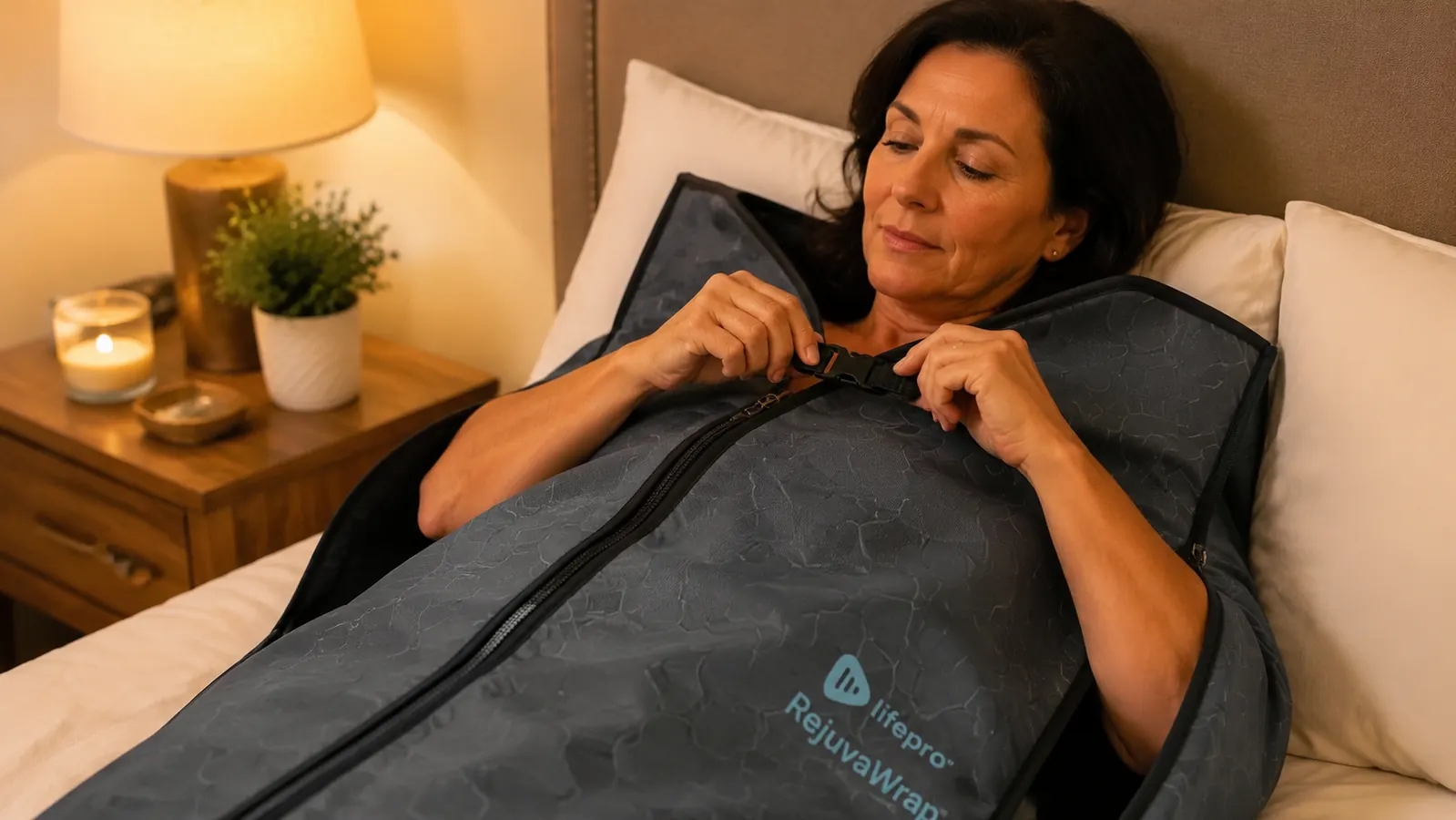 Close-up of a hand clipping the RejuvaWrap's handheld temperature controller to the outside seam of the blanket before a session