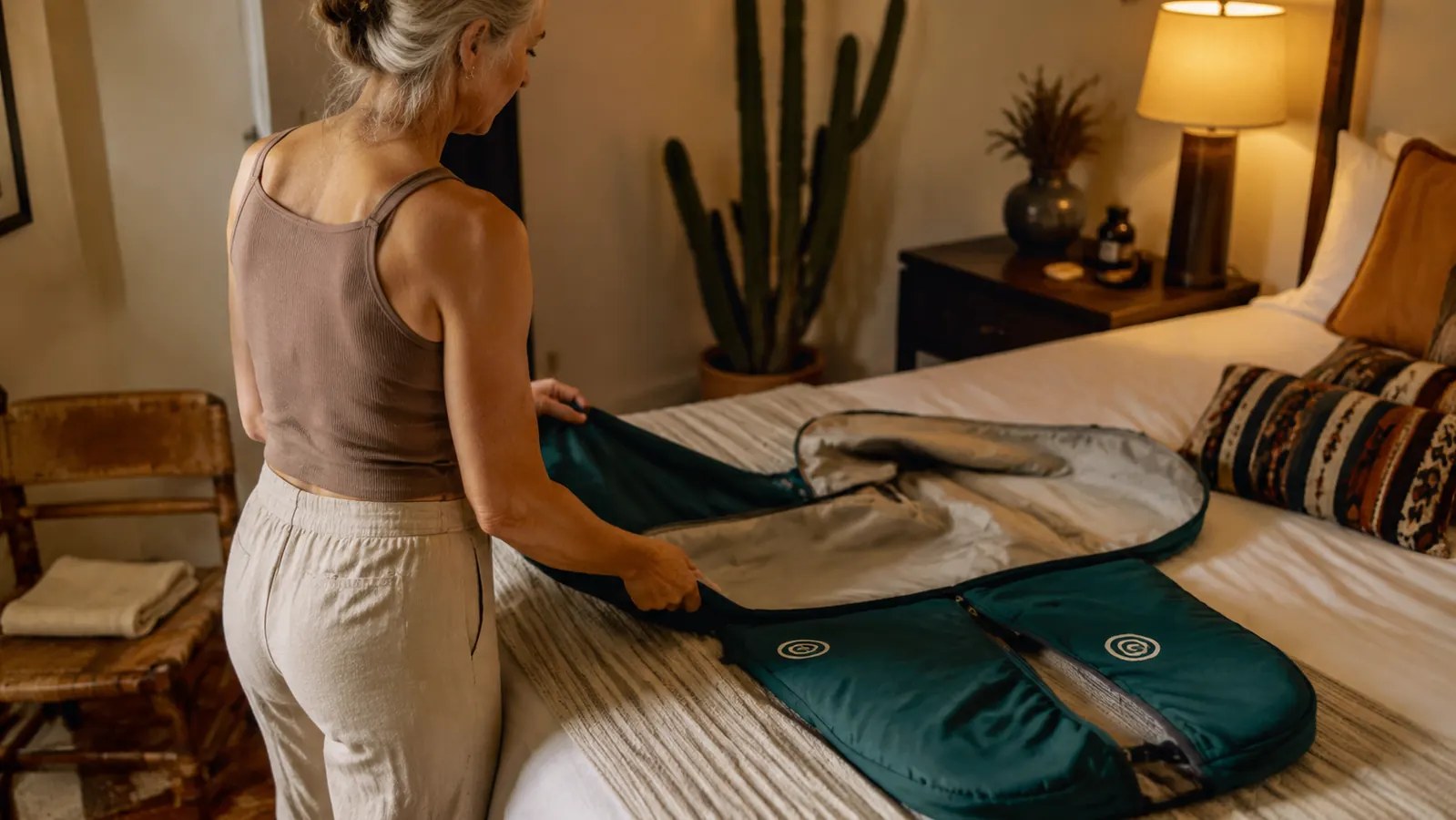 Deep teal Lifepro RejuvaWrap infrared sauna blanket laid open on a guest bed in a quiet Tucson home in the evening