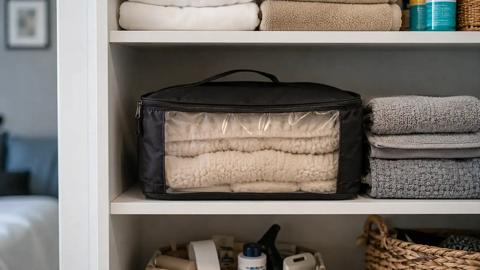 Lifepro RejuvaWrap folded and packed into its carry bag, set on a closet shelf next to folded towels