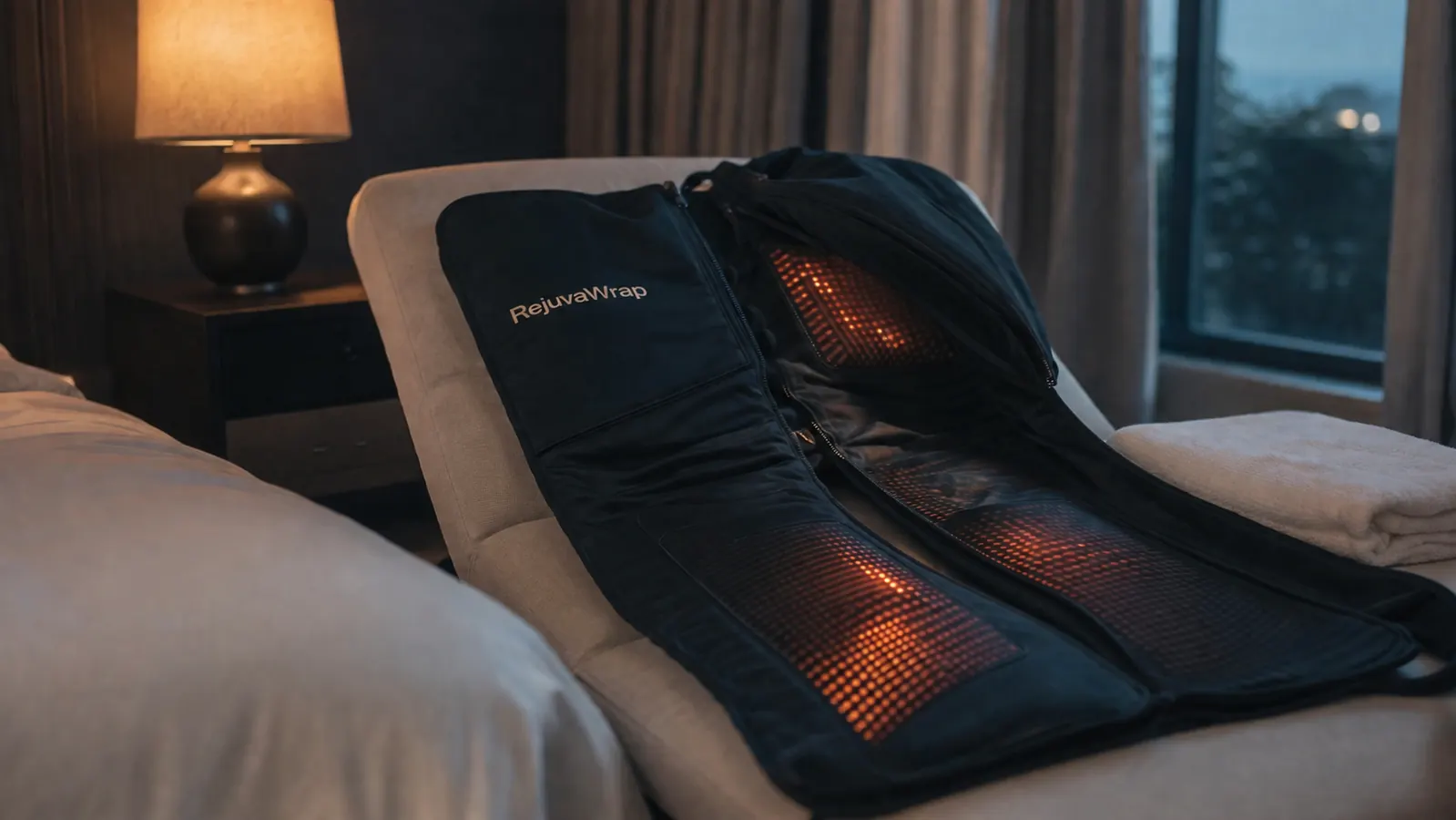 Charcoal grey Lifepro RejuvaWrap infrared sauna blanket unrolled and glowing faintly on a lounger in a dim bedroom in the evening