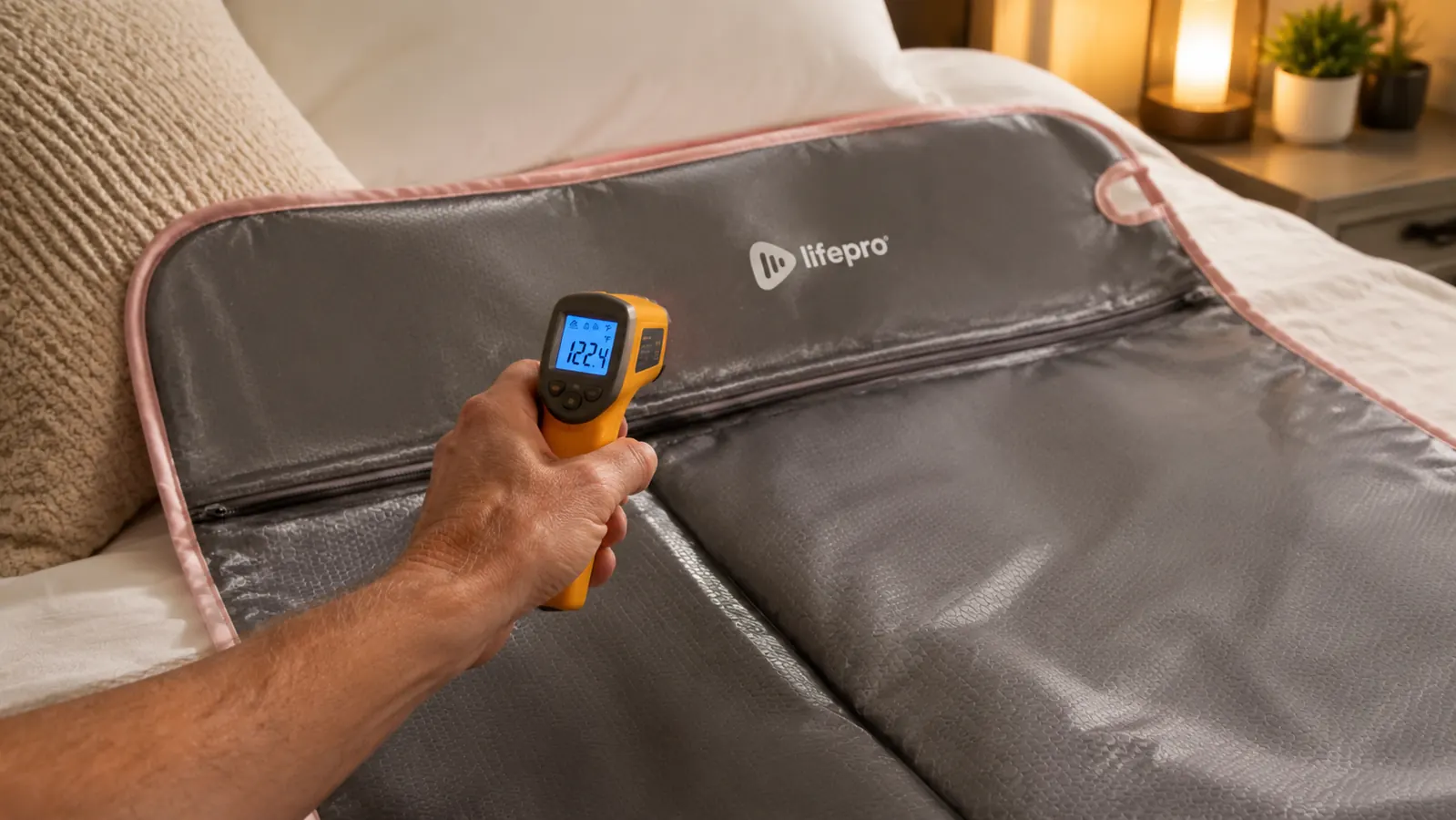 Hand holding an infrared thermometer against the interior panel of the Lifepro RejuvaWrap sauna blanket, checking surface temperature