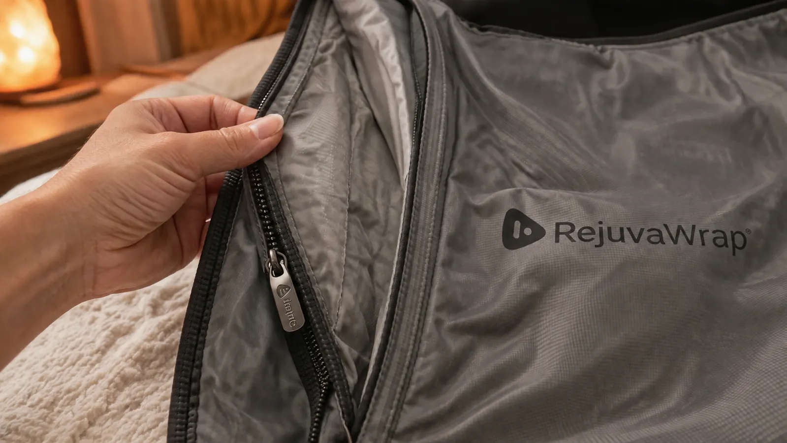 Close-up of a sauna blanket zipper and seam stitching after weeks of daily folding and use