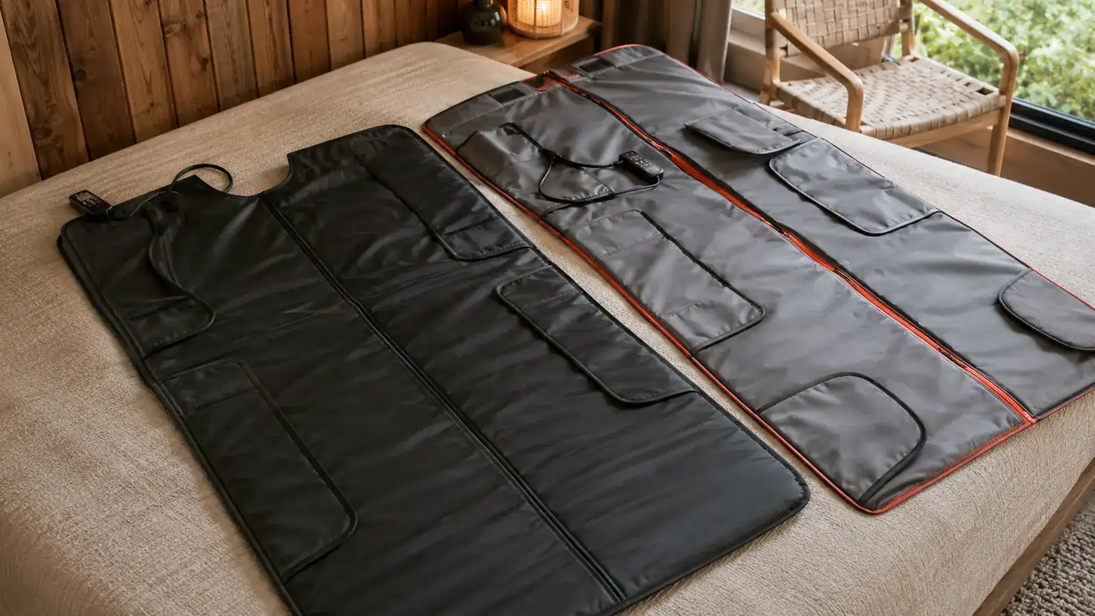 Two infrared sauna blankets laid open side by side on a bed, one dark grey and one navy, comparing panel layout