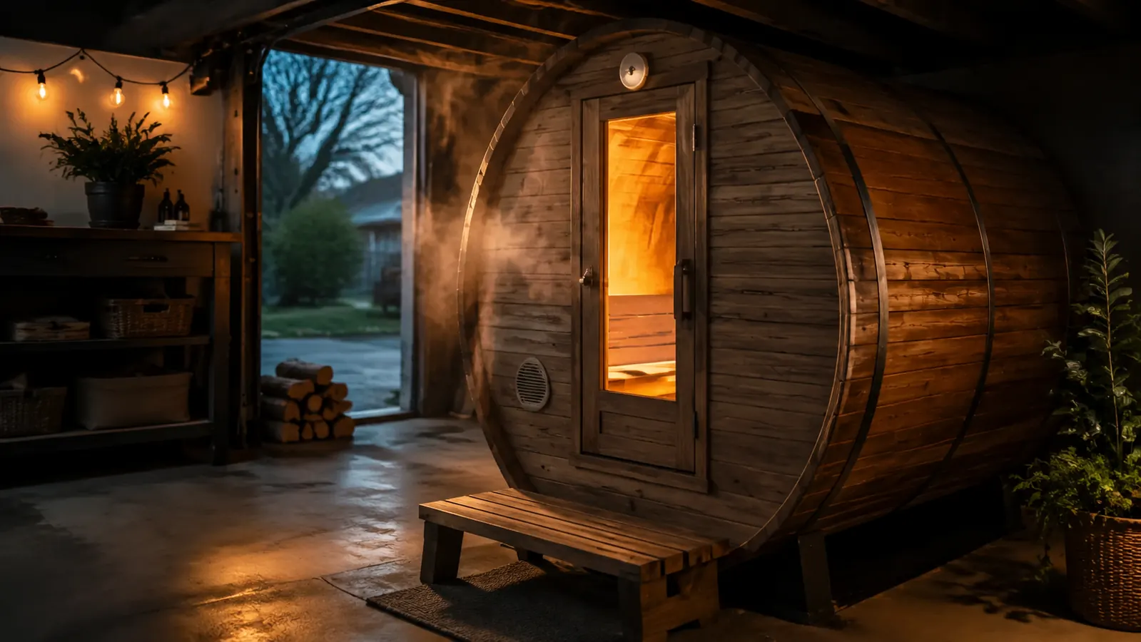 Wood-fired barrel sauna interior at dusk with warm cedar tones and soft steam rising off the rocks