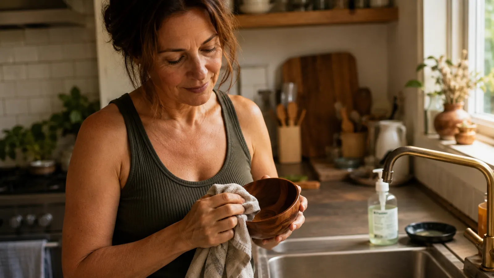 Person wiping out the inside of the cedar bowl with a cloth after a sauna session as part of the weekly cleaning routine