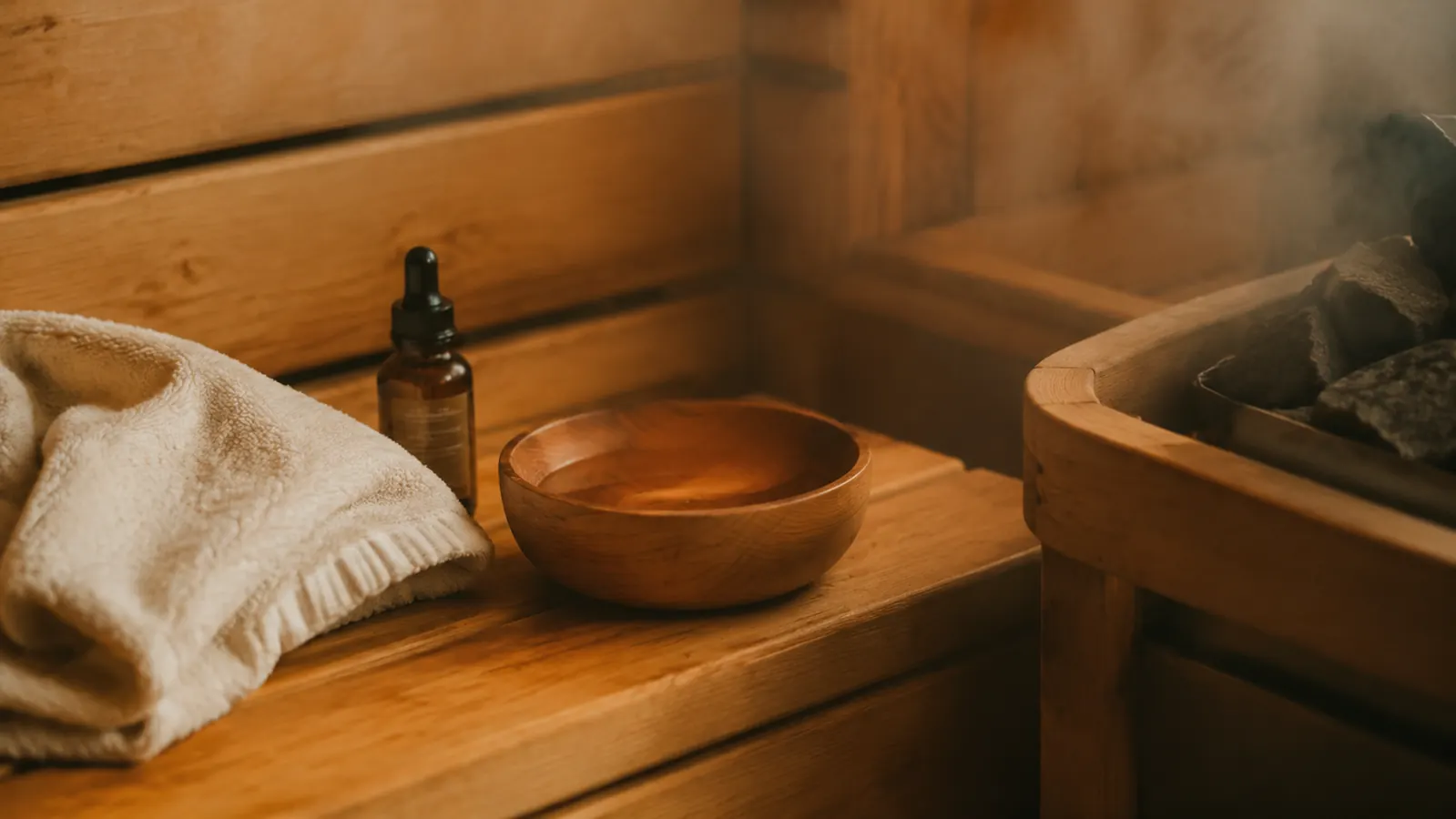 Vindar red cedar aromatherapy bowl sitting on the wood bench of a backyard cabin sauna with steam rising gently in warm light