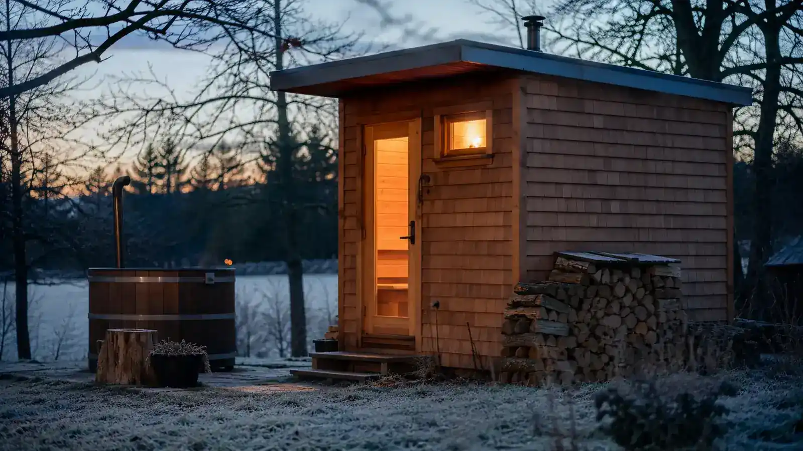 Backyard cedar sauna cabin at dusk in rural Wisconsin with soft light glowing through the window and frost on the grass