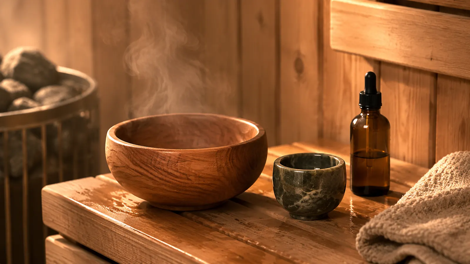 Vindar red cedar aromatherapy bowl and a stone aromatherapy cup sitting side by side on a wood sauna bench
