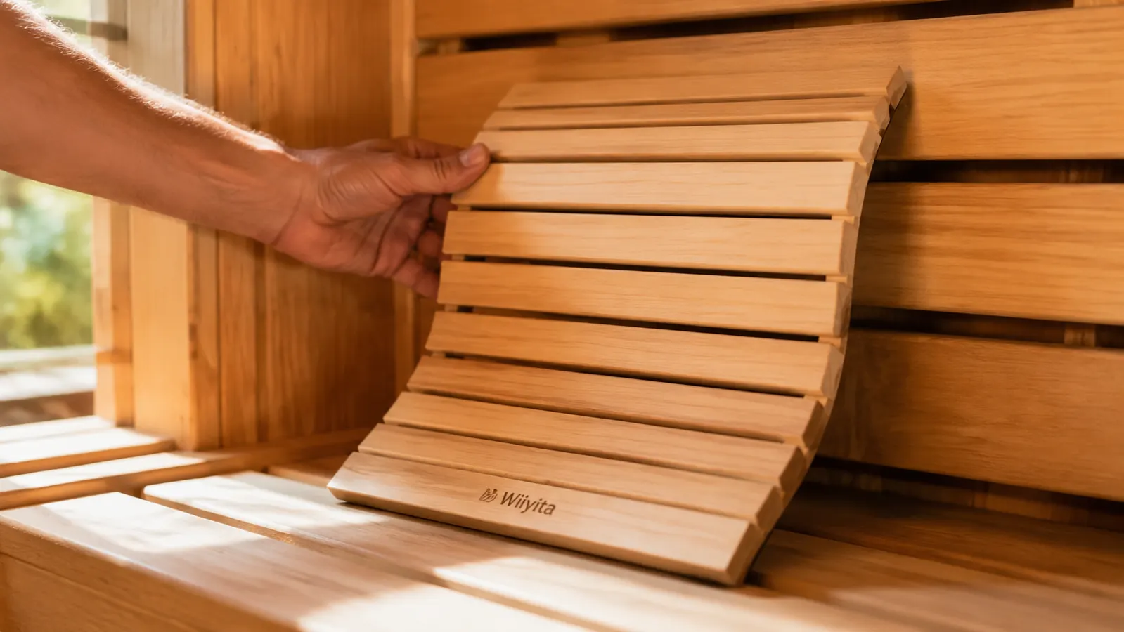 Wiiyita wooden sauna backrest propped against the bench inside an infrared cabin