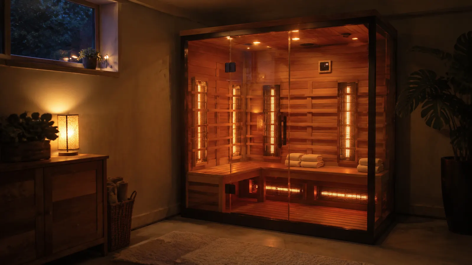 Family infrared cabin sauna in a finished basement with warm cedar light and a backrest visible against the bench