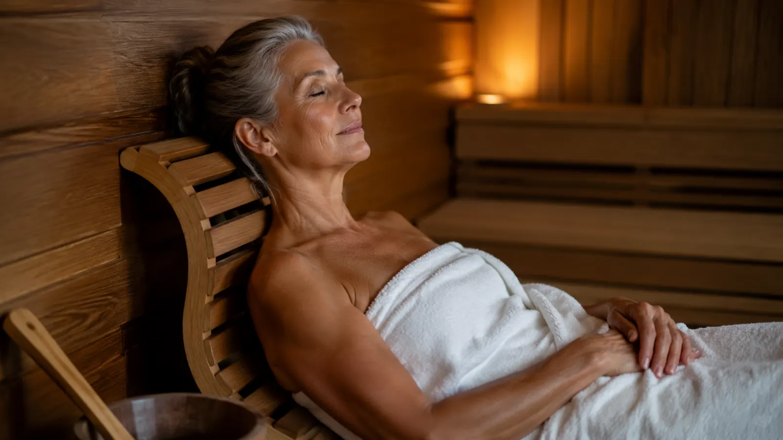 Person leaning back comfortably against a wooden sauna backrest with eyes closed inside a home sauna