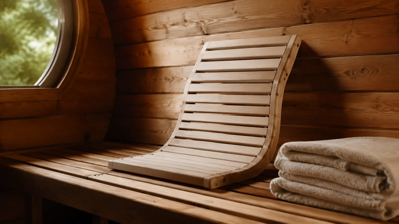 S-shaped wooden sauna backrest leaning against the cedar bench inside a barrel sauna