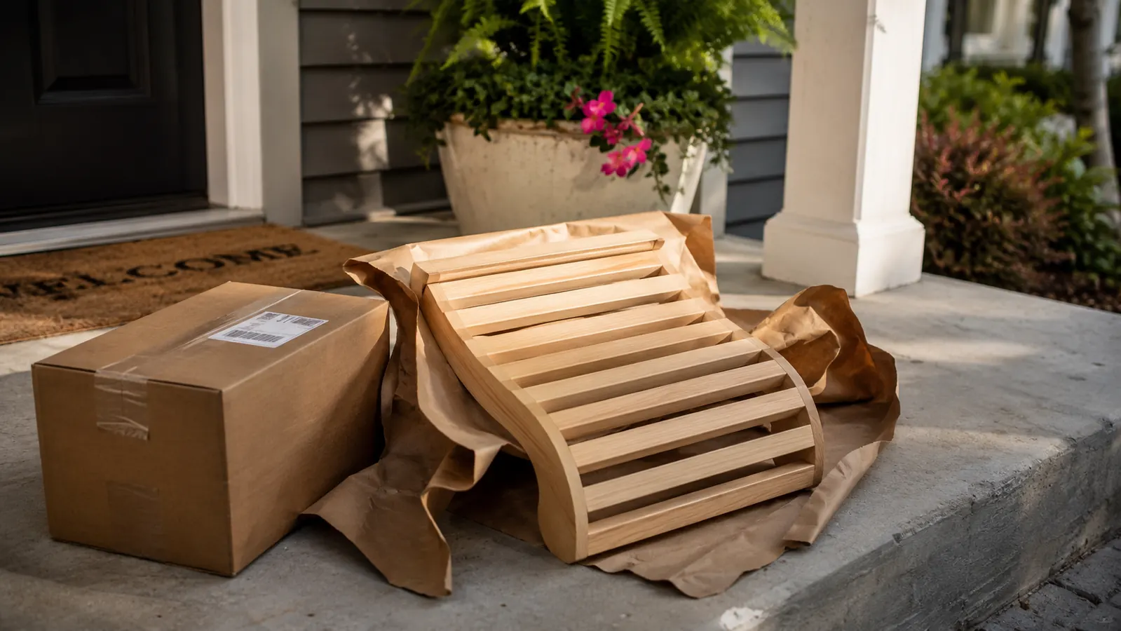 A small shipping box sitting on a front porch next to a replacement wooden sauna backrest partially unwrapped from its packaging