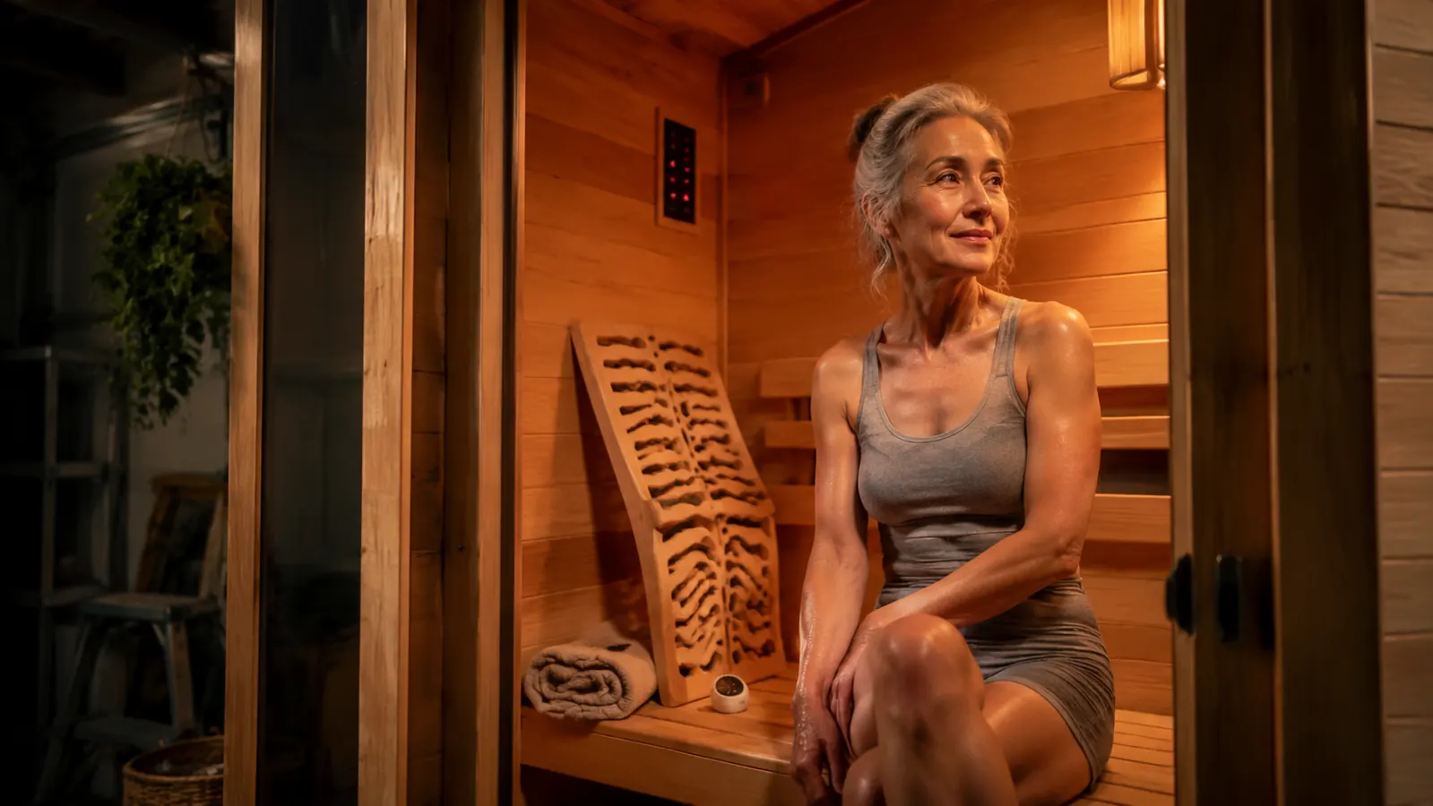 Two-person infrared sauna cabin converted from a garage corner, warm cedar tones and a wooden S-shape backrest leaning against the flat back wall