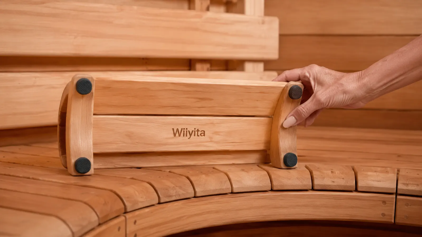 Hand pressing down on the slip-resistant feet of the Wiiyita Sauna Backrest to check that it sits flush against the barrel sauna bench