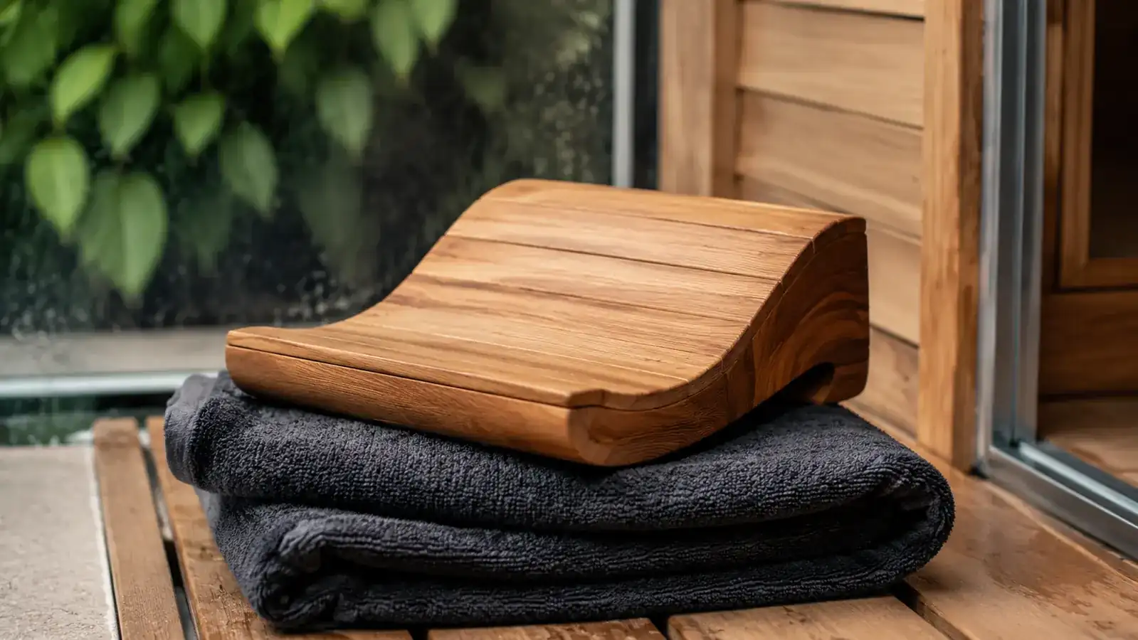 The Wiiyita Sauna Backrest set on a towel outside the sauna after a session, showing the wood tone and joinery up close