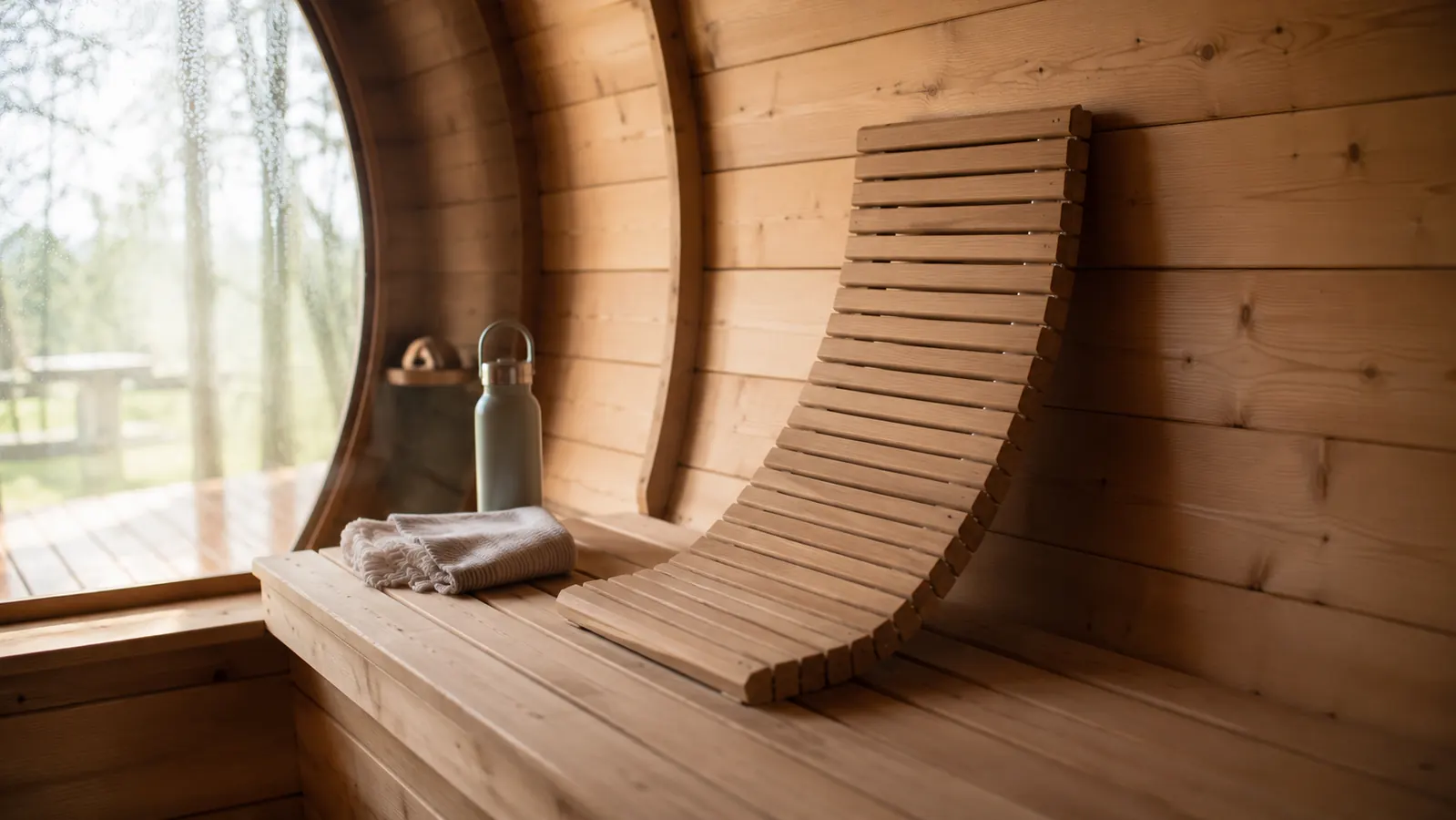 Wiiyita Sauna Backrest set up against the curved wall of a cedar barrel sauna with warm morning light coming through the small window